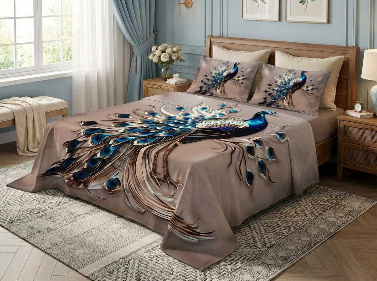 Royal Peacock Dream 7D Bedsheet Set - (Taupe)