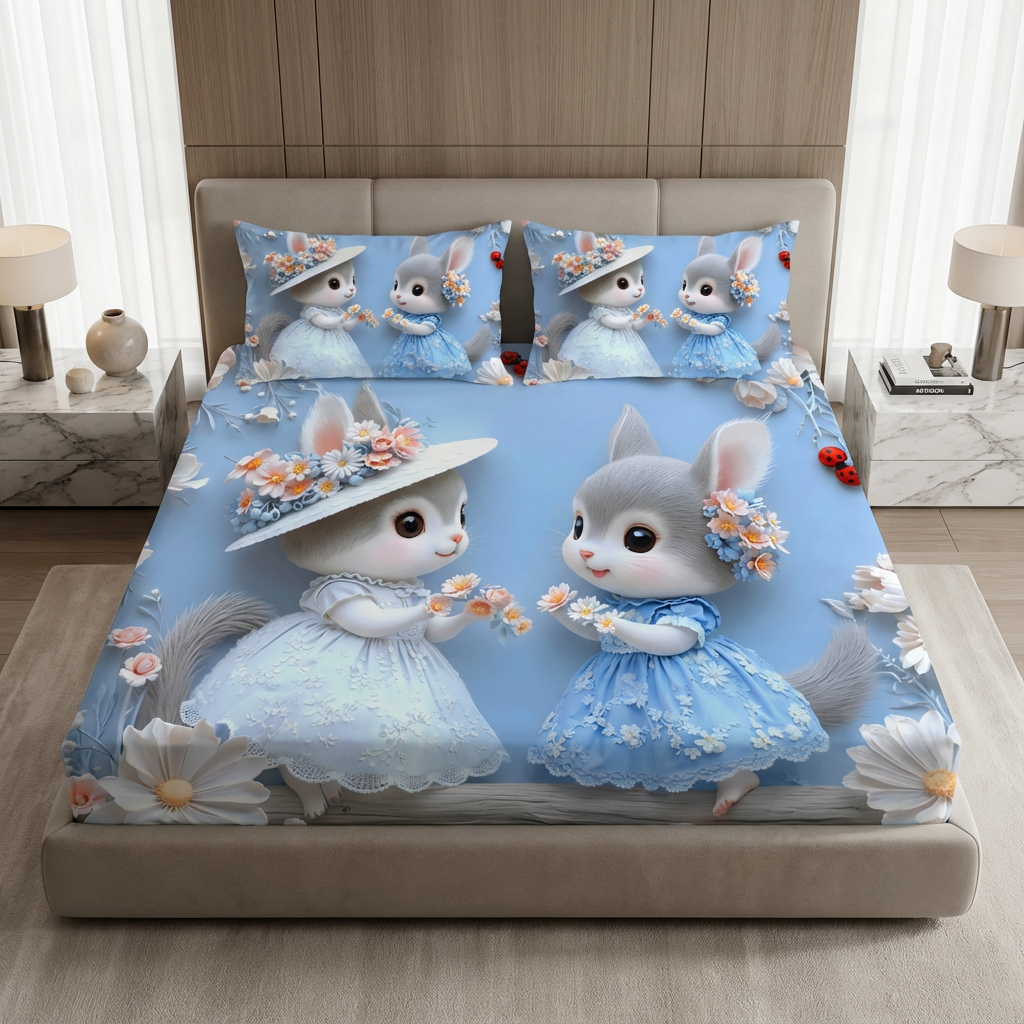 Fairy Tale Cute Rabbit 7D Bedsheet Set – Blue