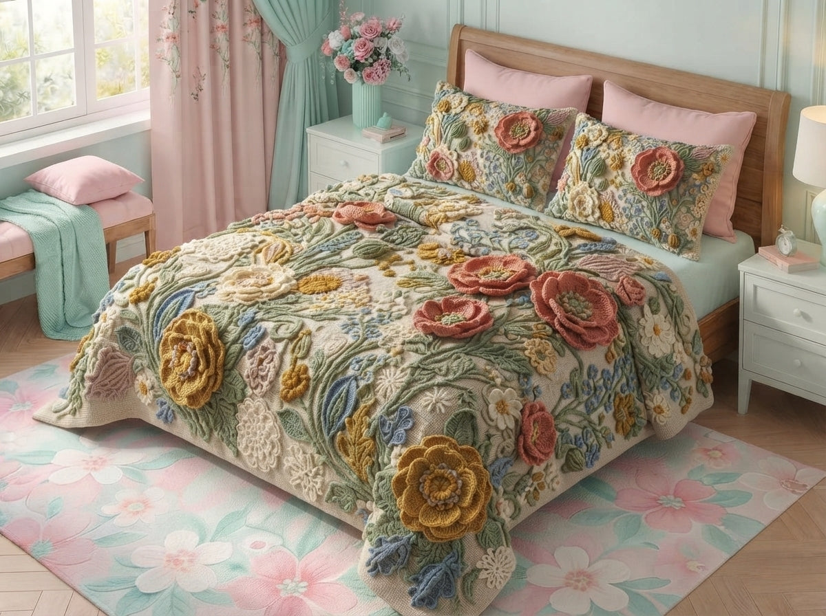 Vintage Floral Printed Crochet Paradise Bedsheet Set - (Pastel Multicolor)
