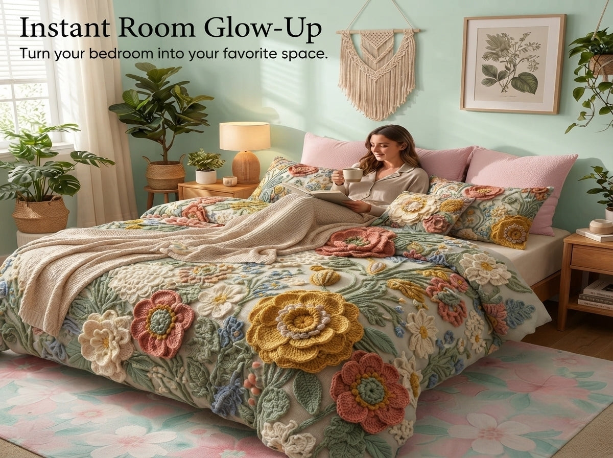 Vintage Floral Printed Crochet Paradise Bedsheet Set - (Pastel Multicolor)