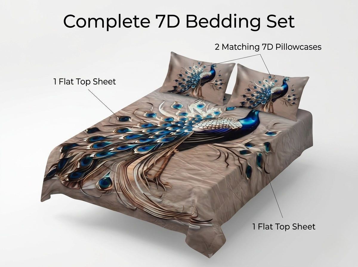 Royal Peacock Dream 7D Bedsheet Set - (Taupe)