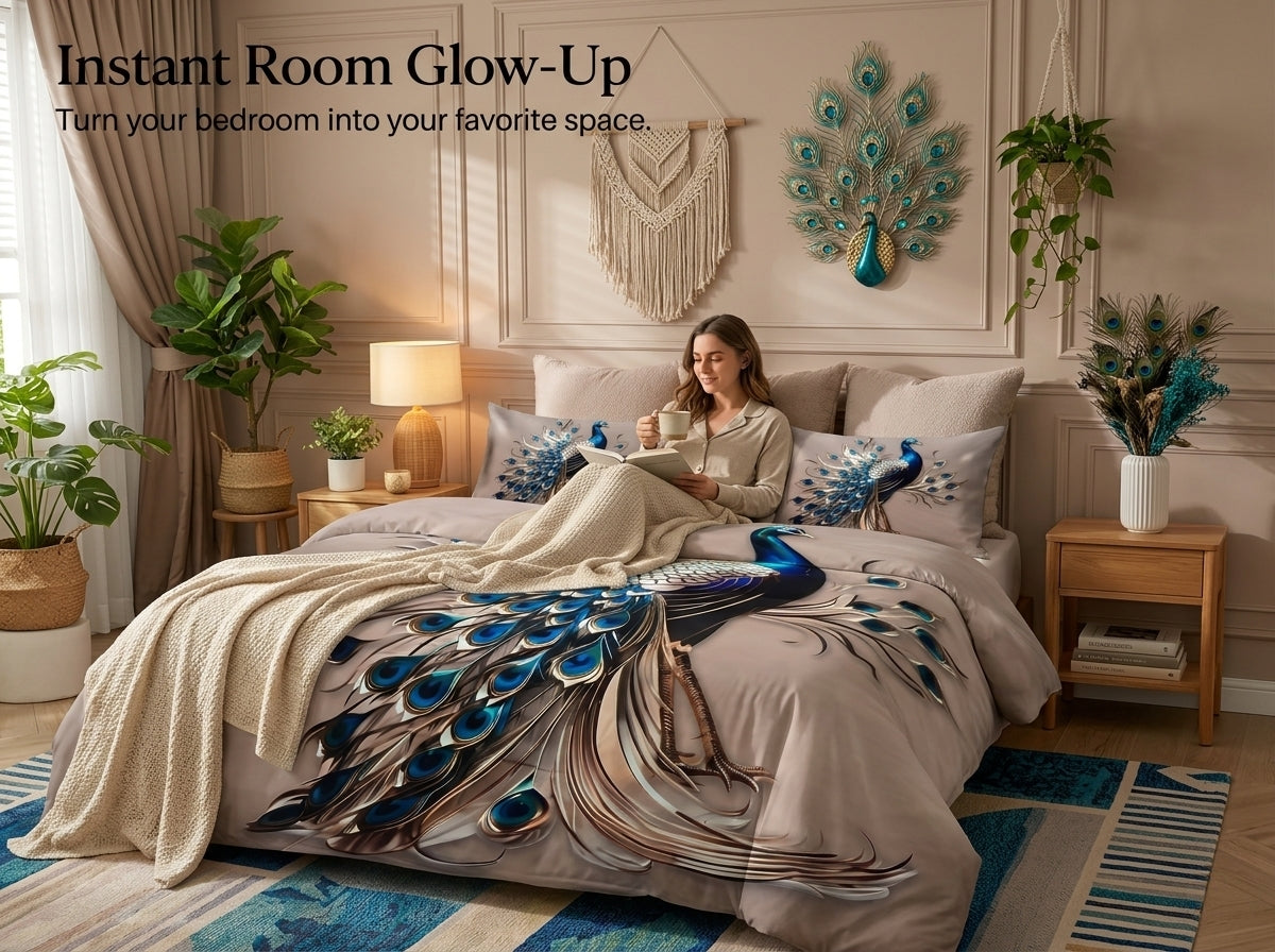 Royal Peacock Dream 7D Bedsheet Set - (Taupe)