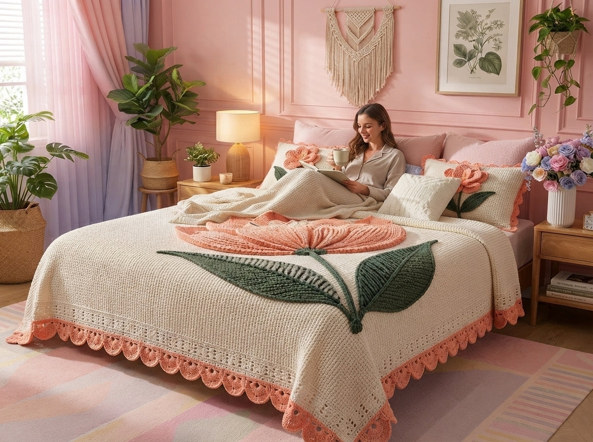 Blush Tulip Printed Crochet Paradise Bedsheet Set - (Pink & White)