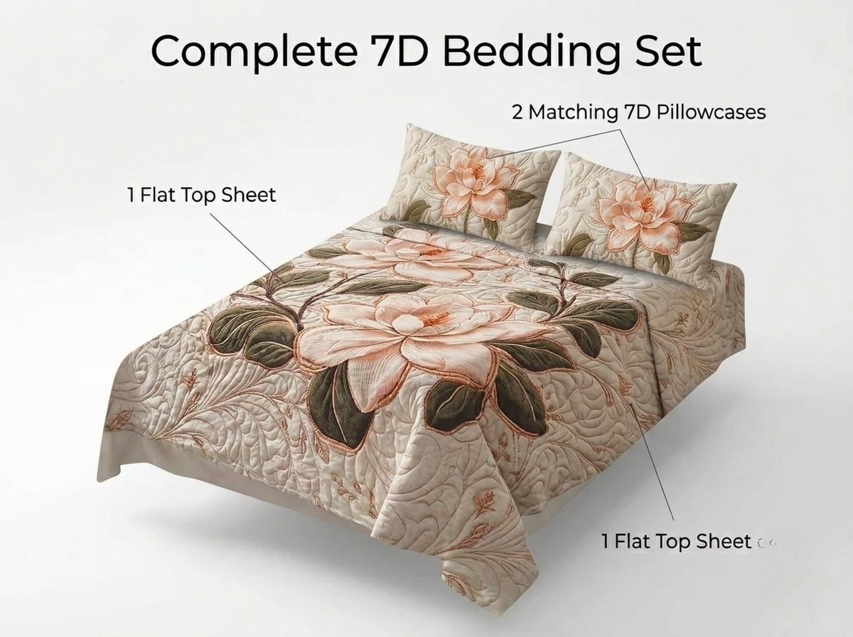 Magnolia Elegance 7D Bedsheet Set - (Cream & Olive)