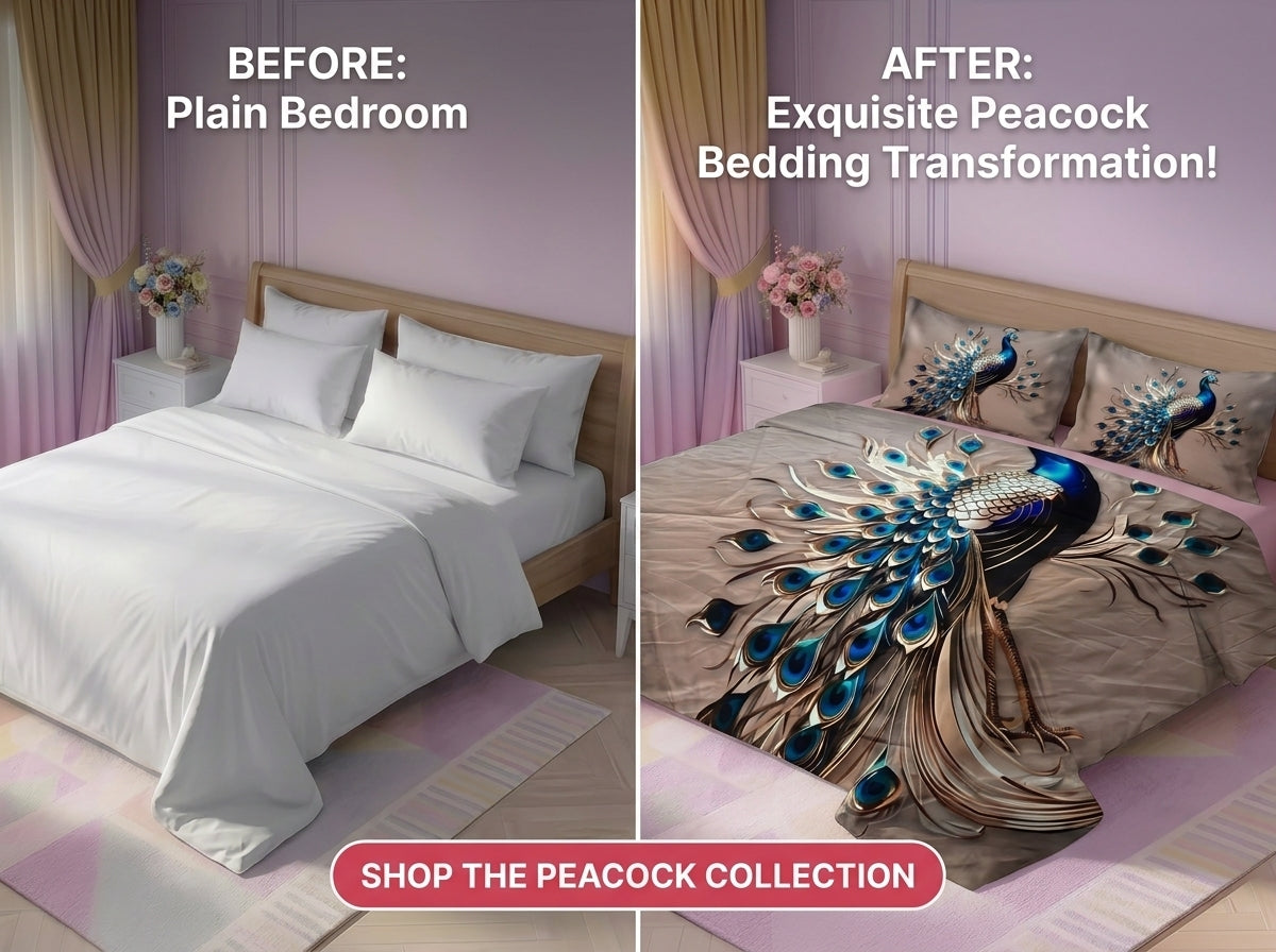 Royal Peacock Dream 7D Bedsheet Set - (Taupe)