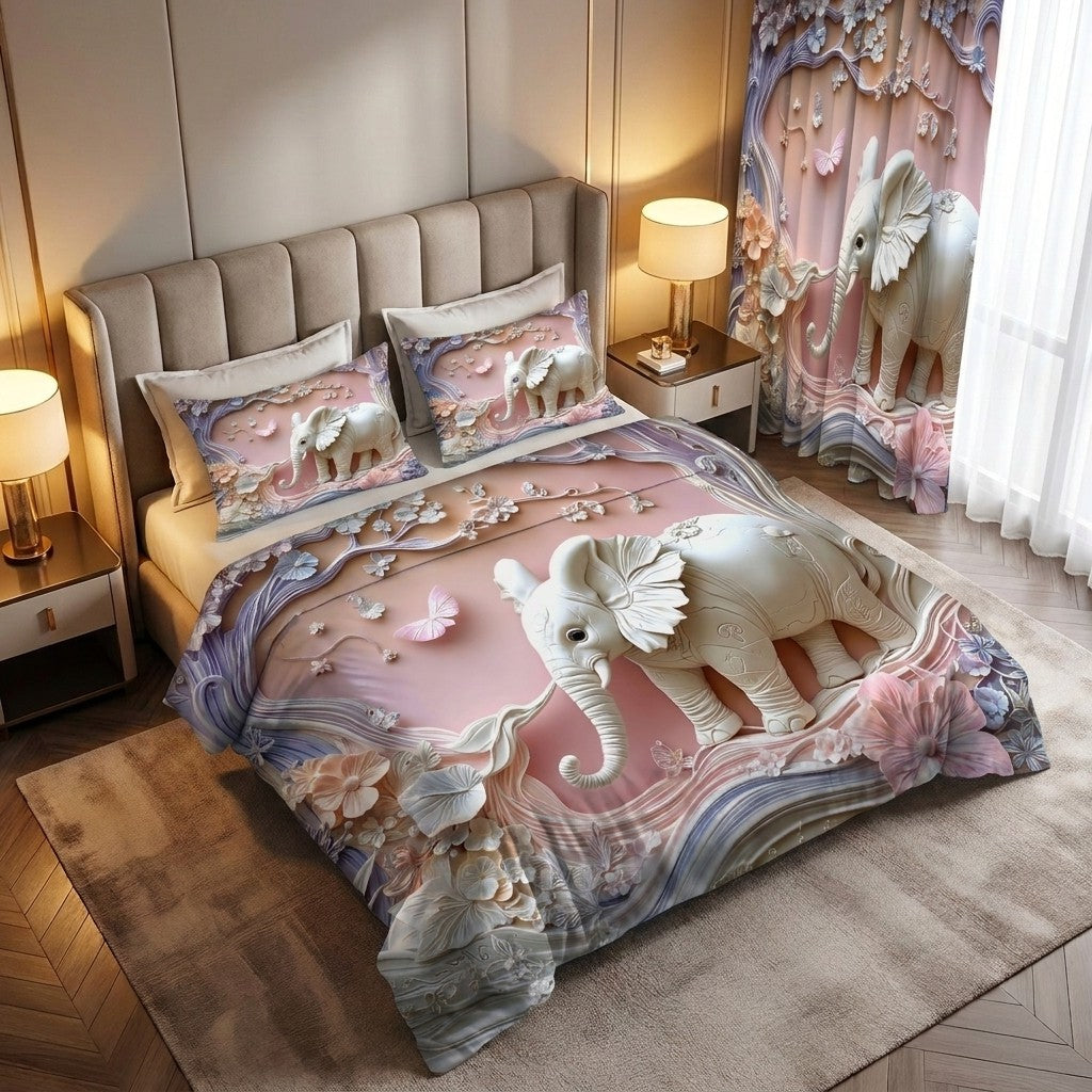 Pastel Elephant 7D Bedsheet & Curtain Combo Set