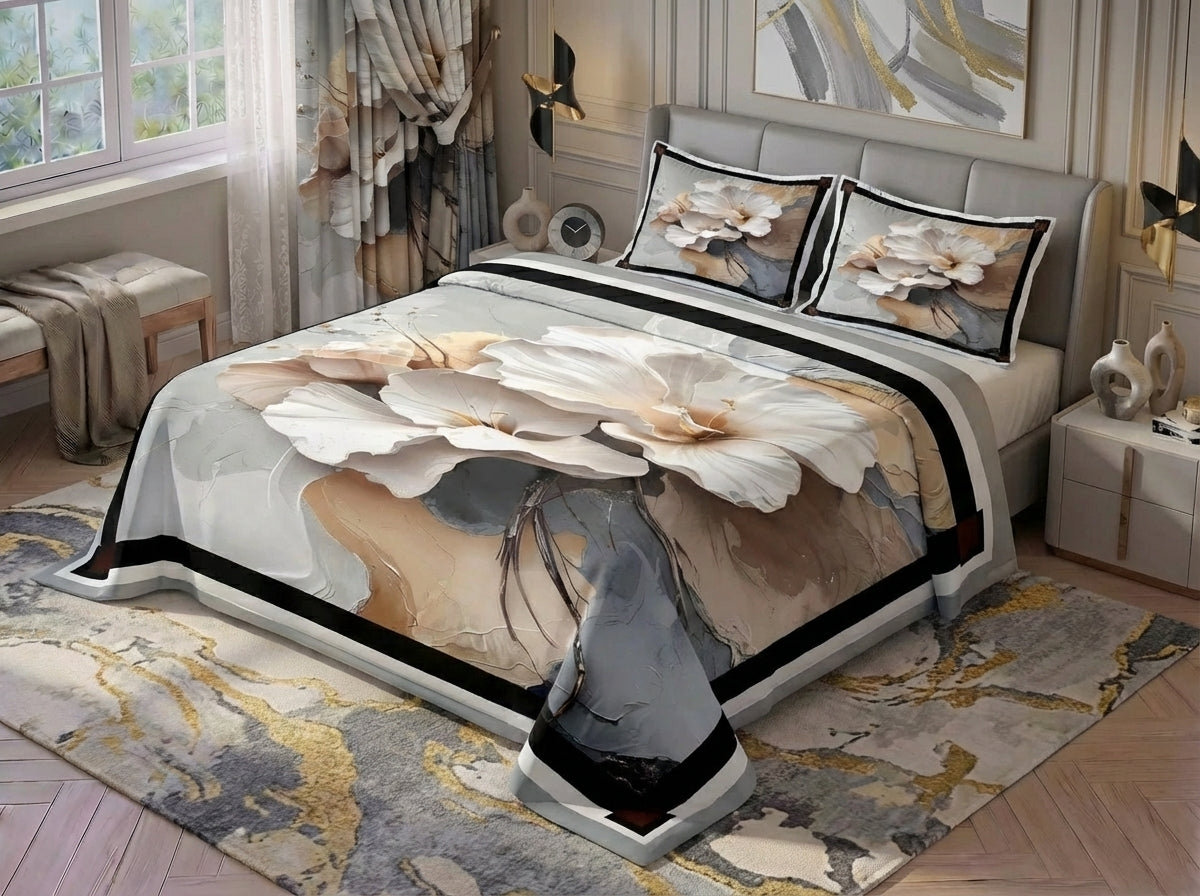 7D Aura Flora Premium King Size Bedsheet (Beige-White)