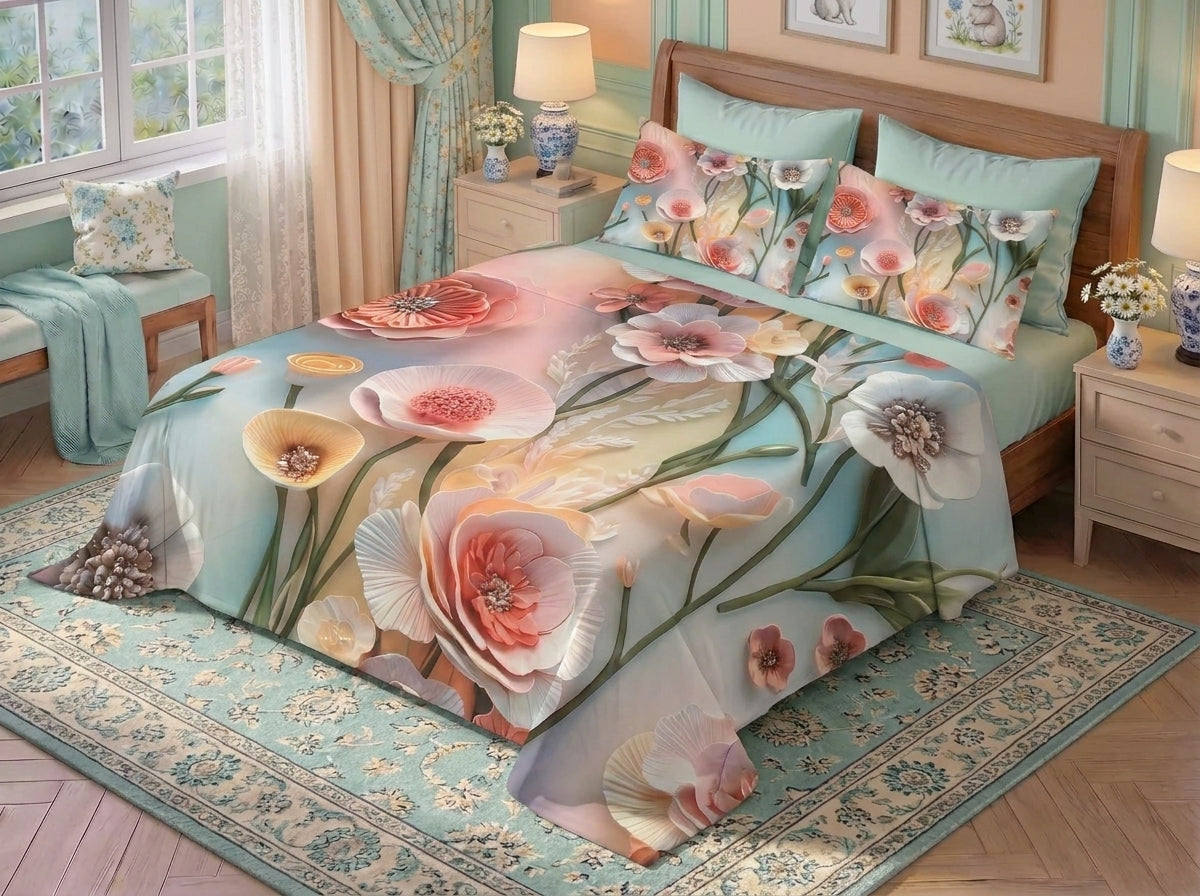 Fairy Tale Rose Mist 7D Bedsheet Set - (Ivory)