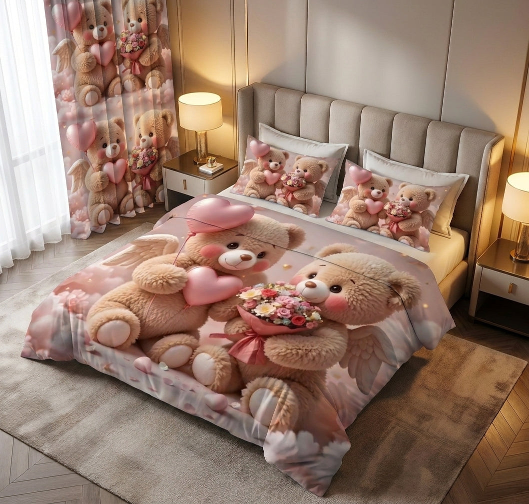 Blush Bear 7D Bedsheet & Curtain Combo Set