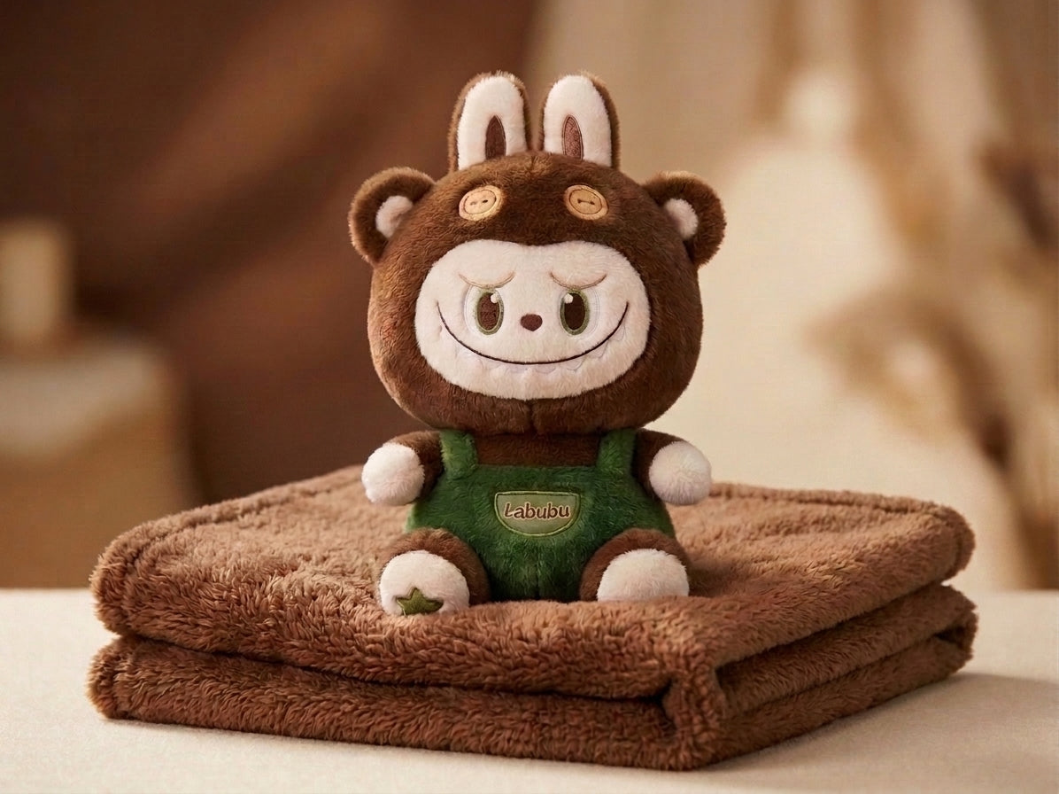 Labubu 3 in 1 Kids Blanket, Pillow & Soft Toy (brown)