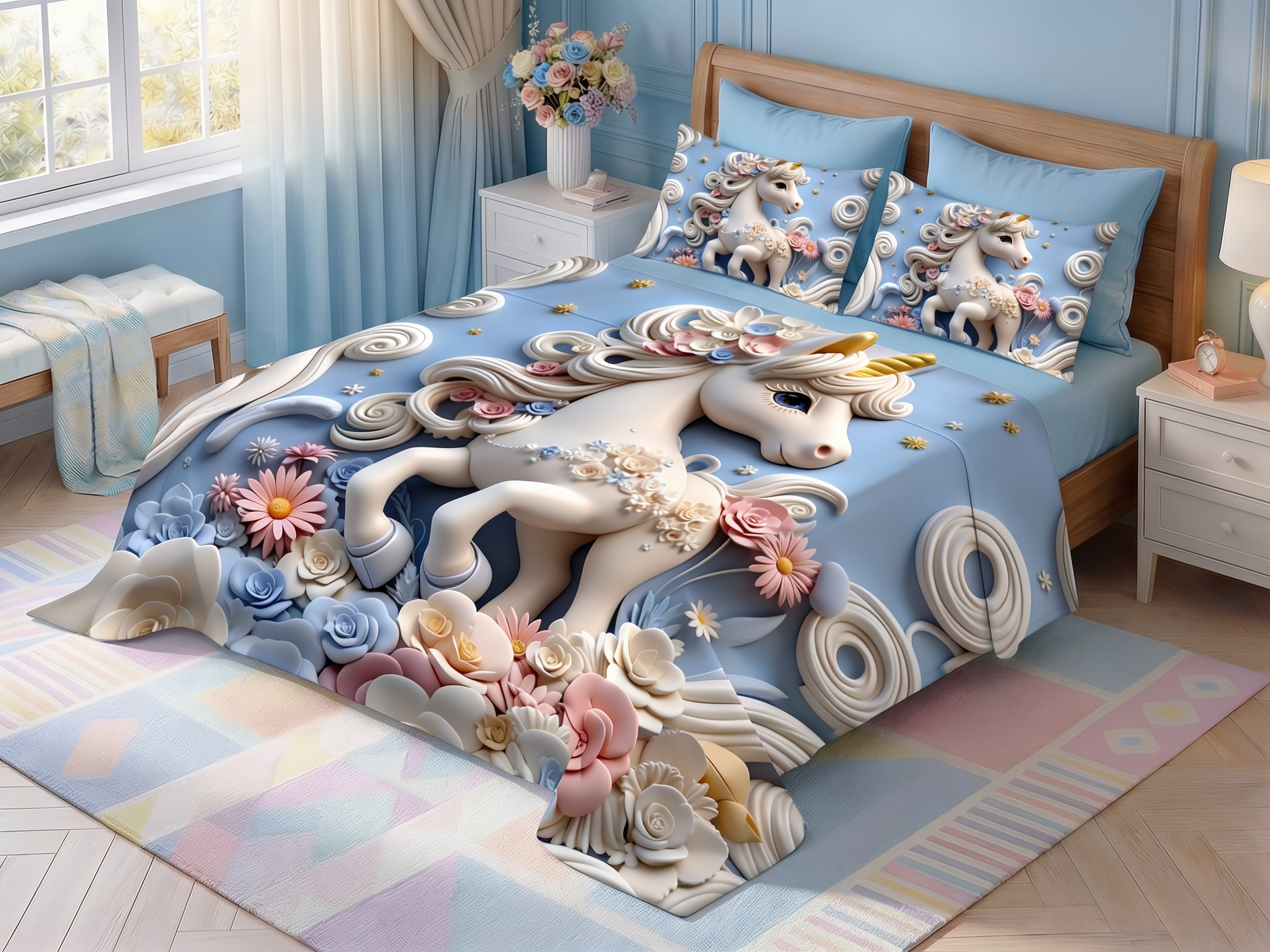 Fairy Tale Unicorn 7D Bedsheet Set – Blue