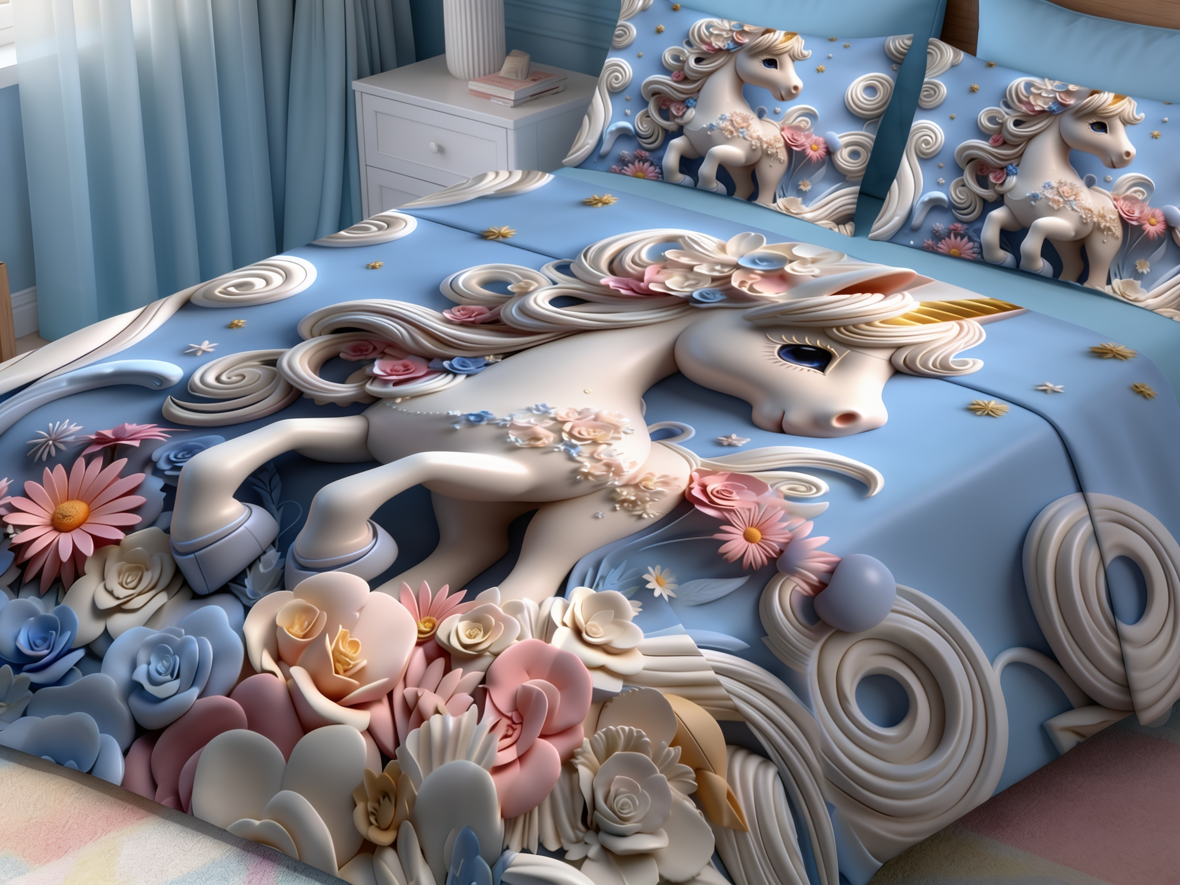 Fairy Tale Unicorn 7D Bedsheet Set – Blue