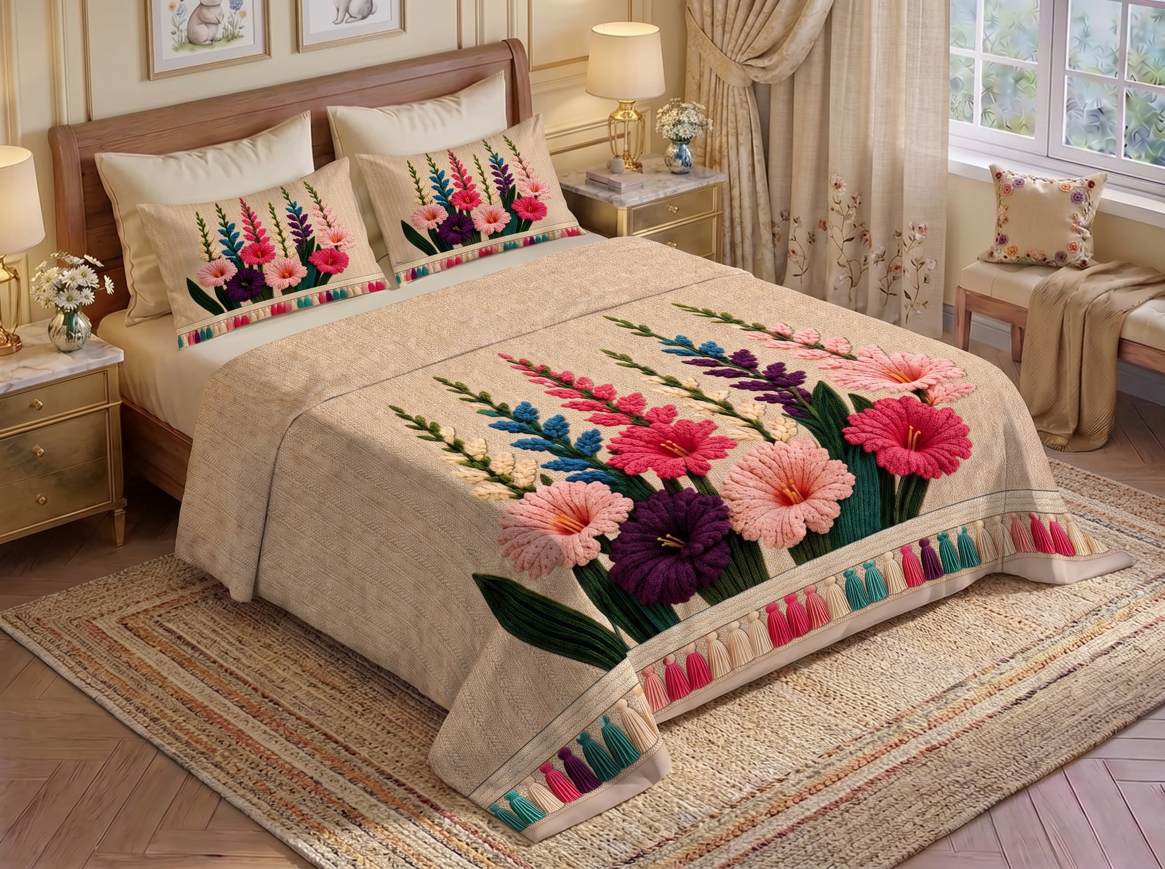 Bloomscape Printed Crochet Bedsheet Set - (Natural Beige)