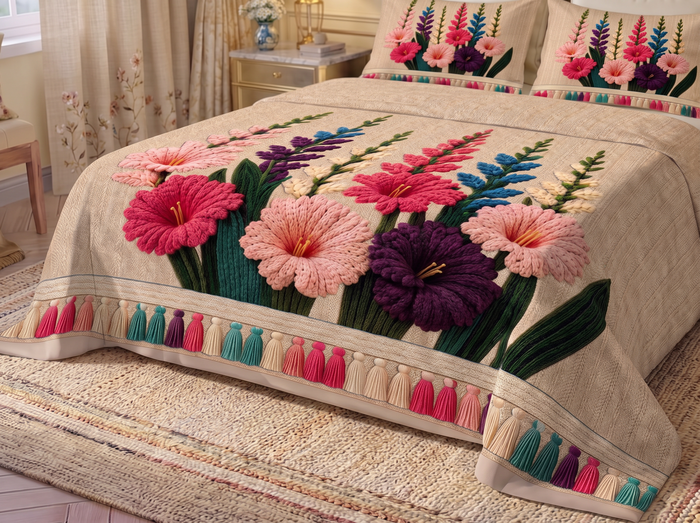 Bloomscape Printed Crochet Bedsheet Set - (Natural Beige)