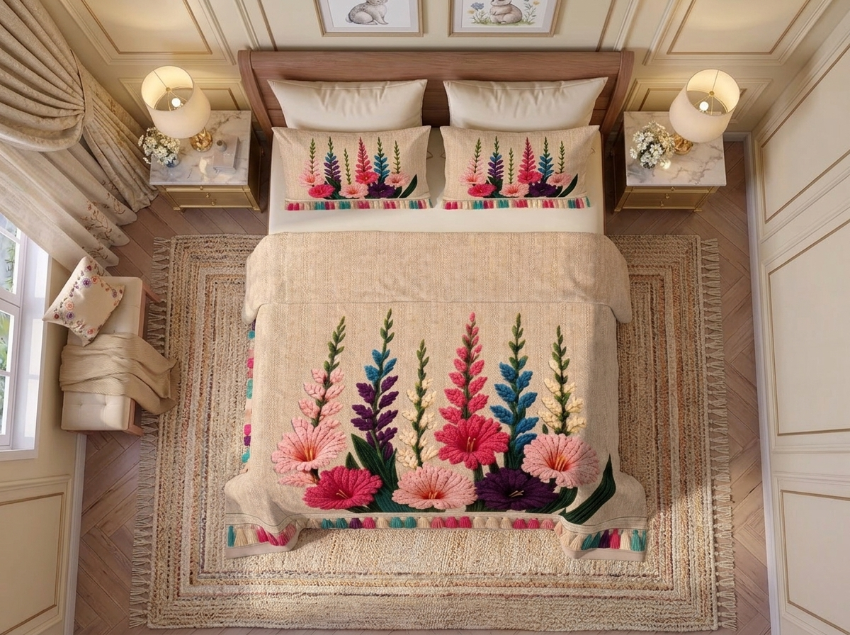 Bloomscape Printed Crochet Bedsheet Set - (Natural Beige)