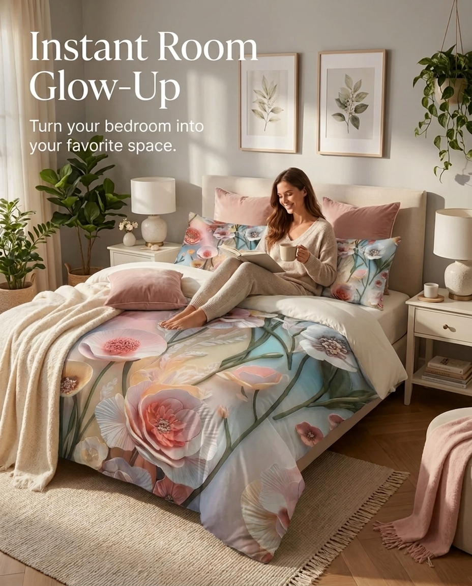 Fairy Tale Rose Mist 7D Bedsheet Set - (Ivory)