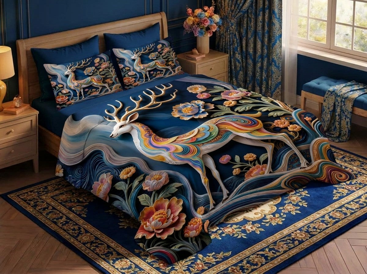 Fairy Tale Deer 7D Bedsheet Set – (Navy Blue)