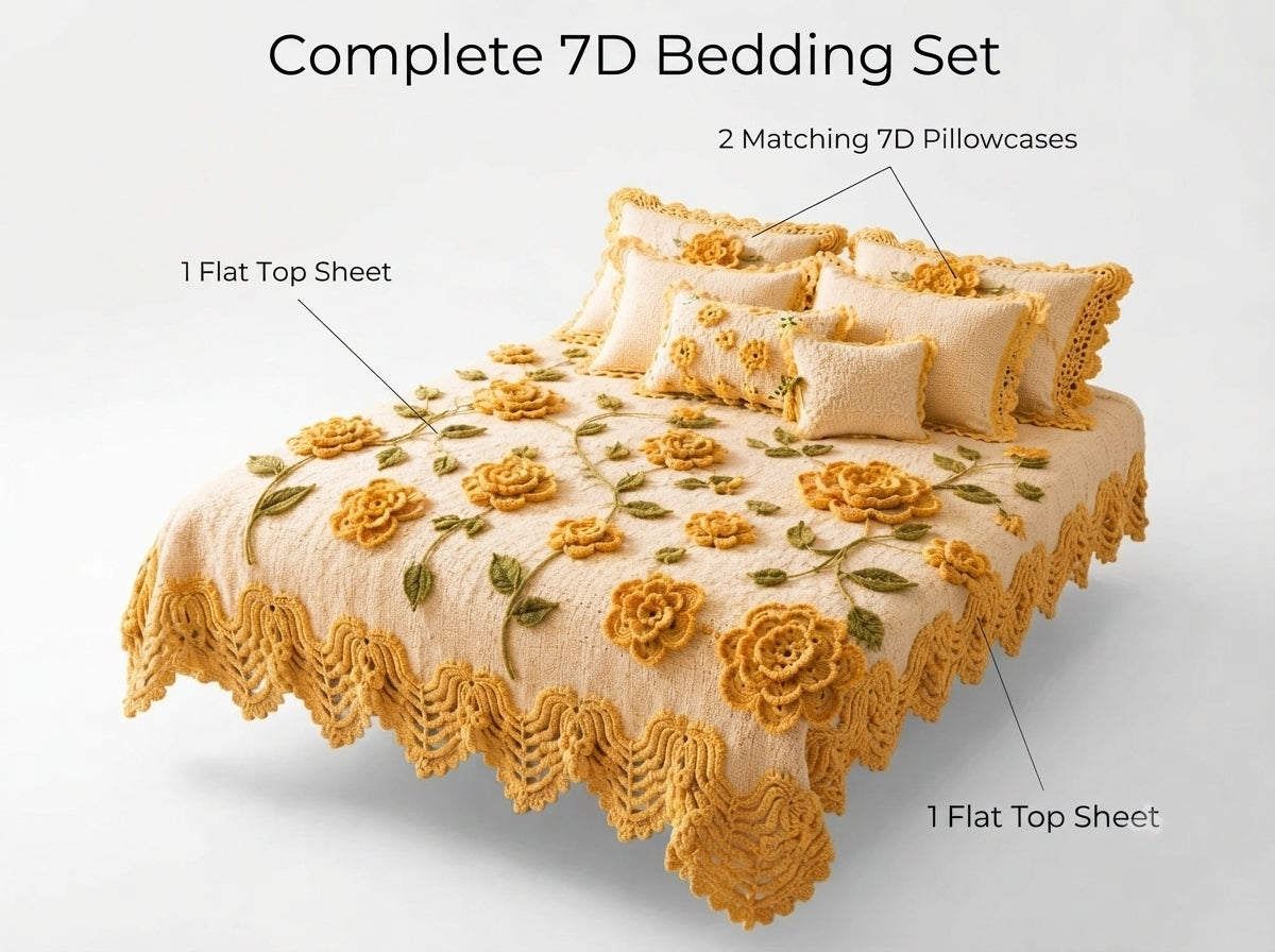 Yellow Rose Printed Crochet Paradise Bedsheet Set - (Mustard)