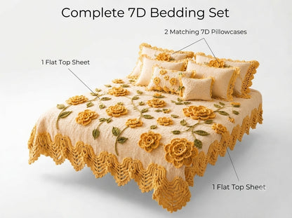Yellow Rose Printed Crochet Paradise Bedsheet Set - (Mustard)