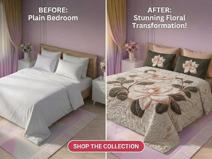 Magnolia Elegance 7D Bedsheet Set - (Cream & Olive)