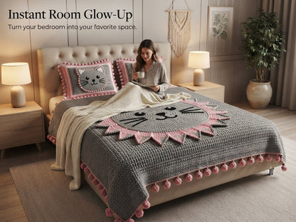 Pink Kitty Printed Crochet Paradise Bedsheet Set - (Grey & Pink)