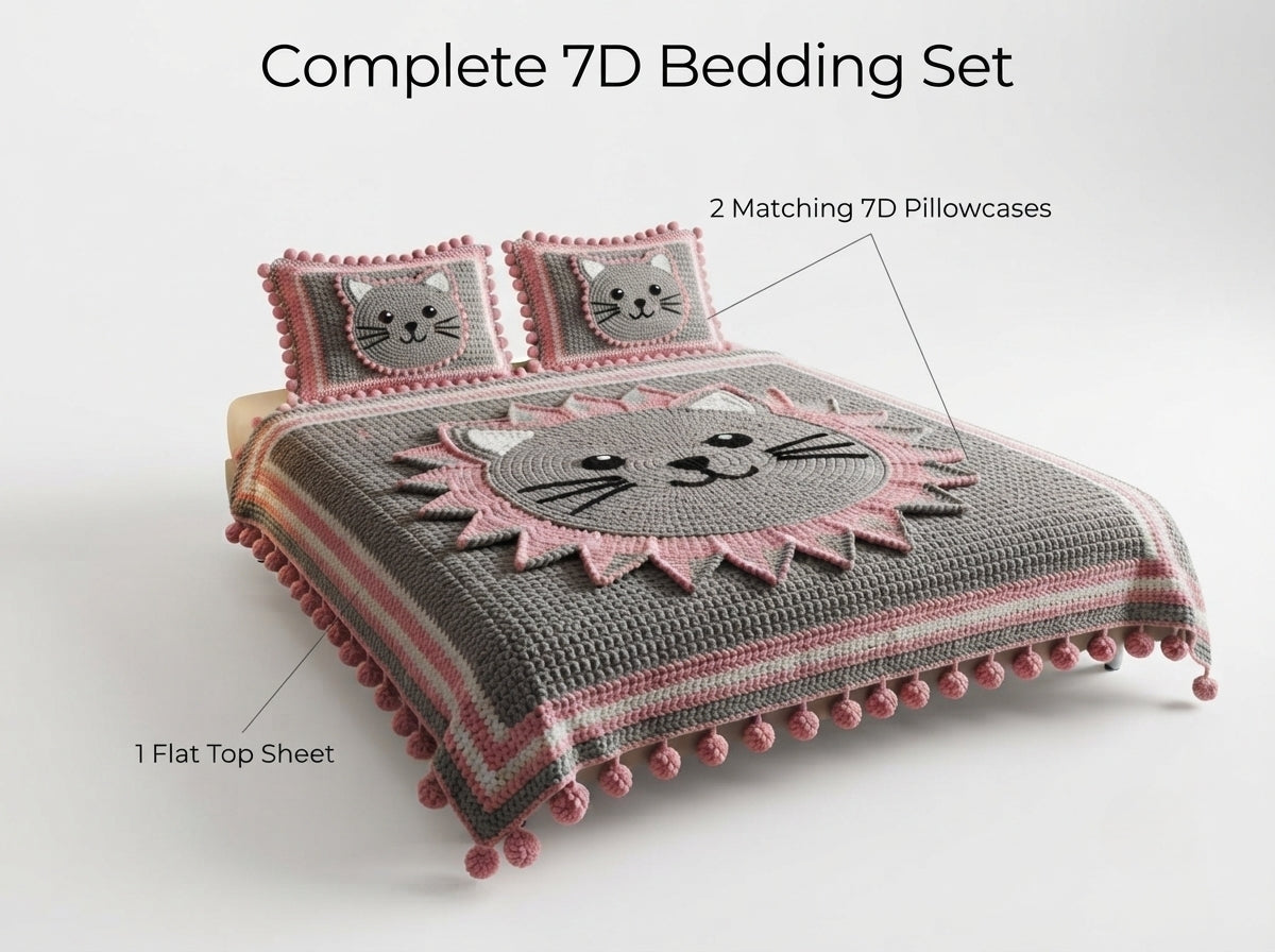 Pink Kitty Printed Crochet Paradise Bedsheet Set - (Grey & Pink)