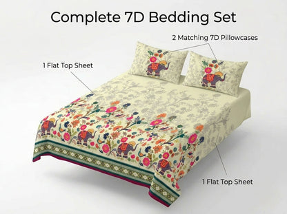 Royal Elephant Garden 7D Bedsheet Set - (Multicolor)