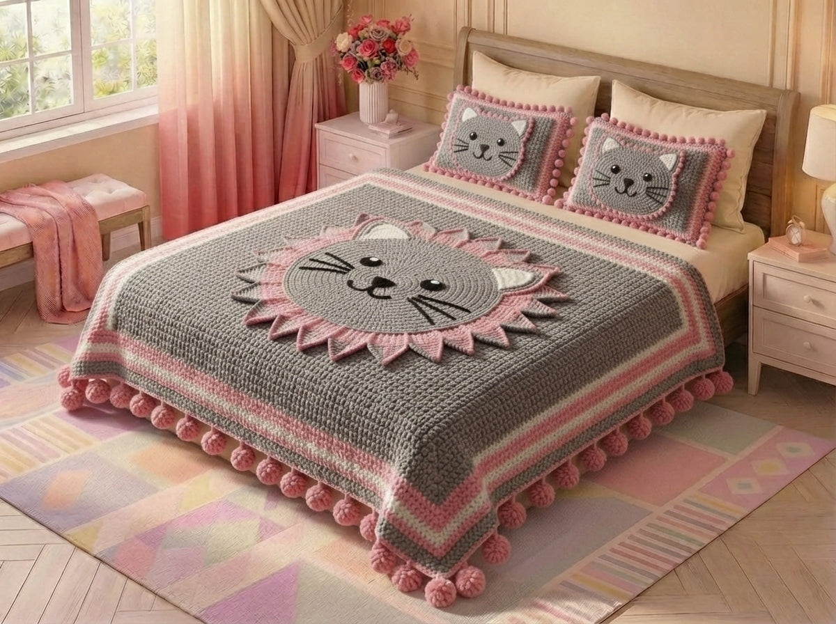 Pink Kitty Printed Crochet Paradise Bedsheet Set - (Grey & Pink)