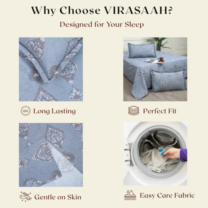 Royale Spread - Mercerized Cotton Bedsheet with two pillowcases | Gray Pitch - VIRASAAH