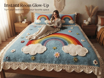 Rainbow Cloud Printed Crochet Paradise Bedsheet Set - (Sky Blue)