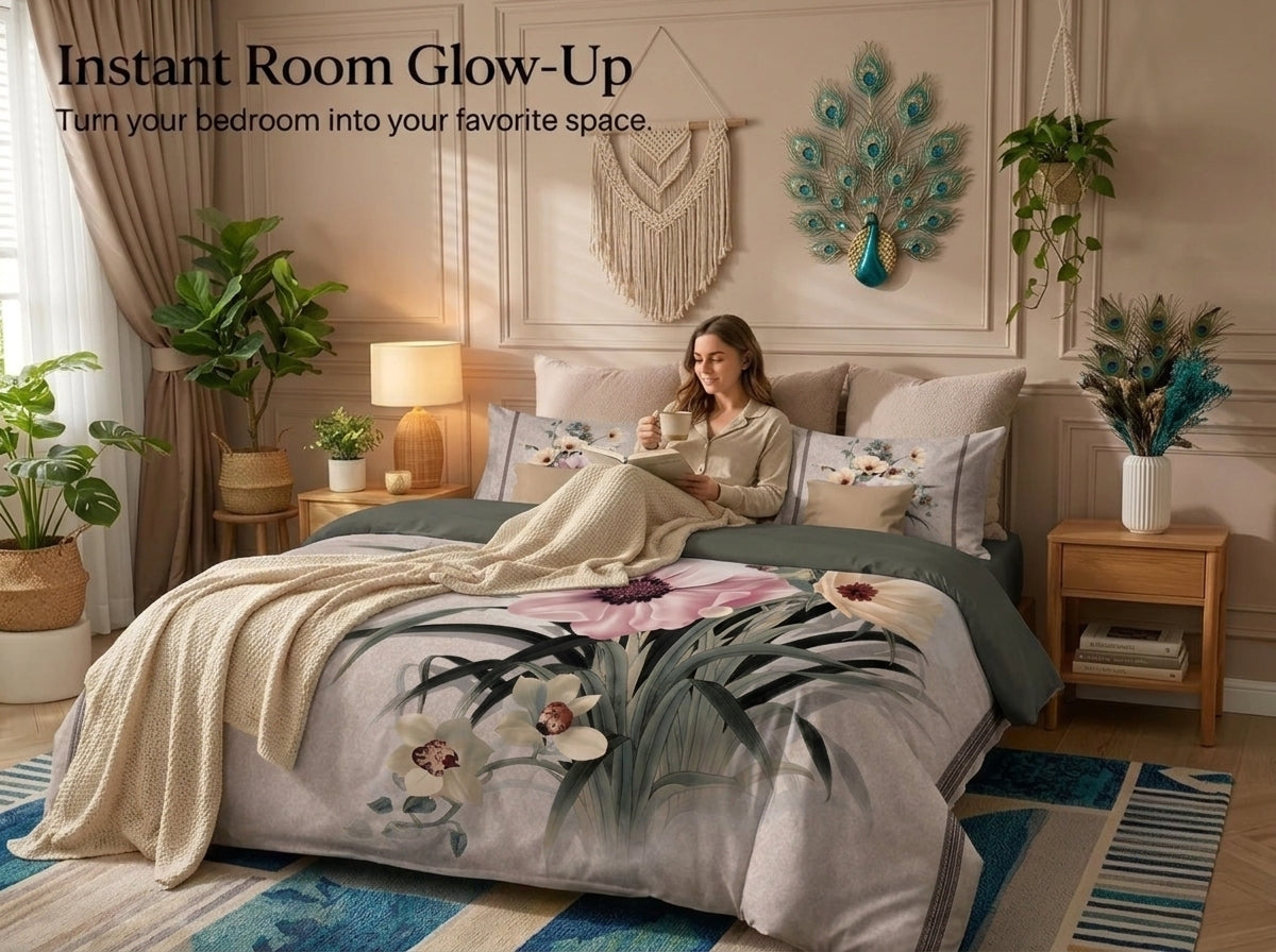 Blossom Serenity 7D Bedsheet Set - (Grey)