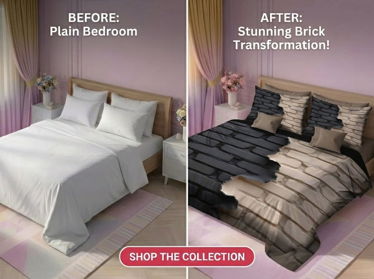 Urban Brickscape 7D Bedsheet Set - (Black & Beige)