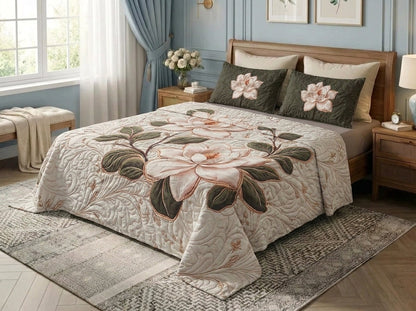 Magnolia Elegance 7D Bedsheet Set - (Cream & Olive)