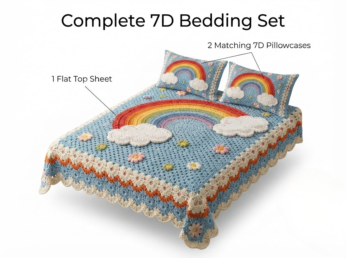Rainbow Cloud Printed Crochet Paradise Bedsheet Set - (Sky Blue)