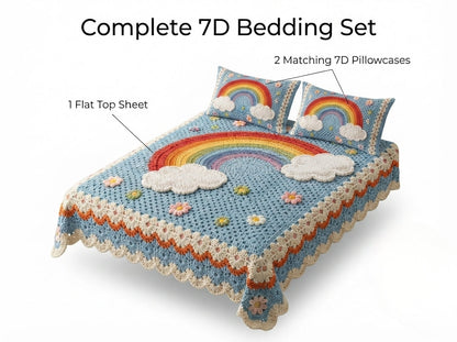 Rainbow Cloud Printed Crochet Paradise Bedsheet Set - (Sky Blue)