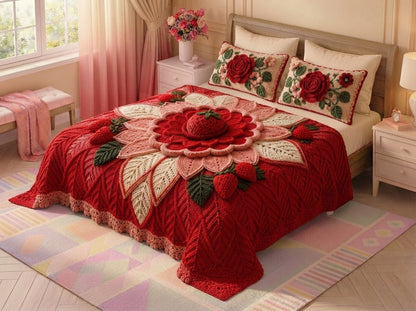 Strawberry Bloom Printed Crochet Paradise Bedsheet Set - (Red)