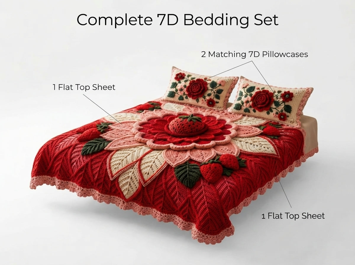 Strawberry Bloom Printed Crochet Paradise Bedsheet Set - (Red)