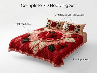 Strawberry Bloom Printed Crochet Paradise Bedsheet Set - (Red)
