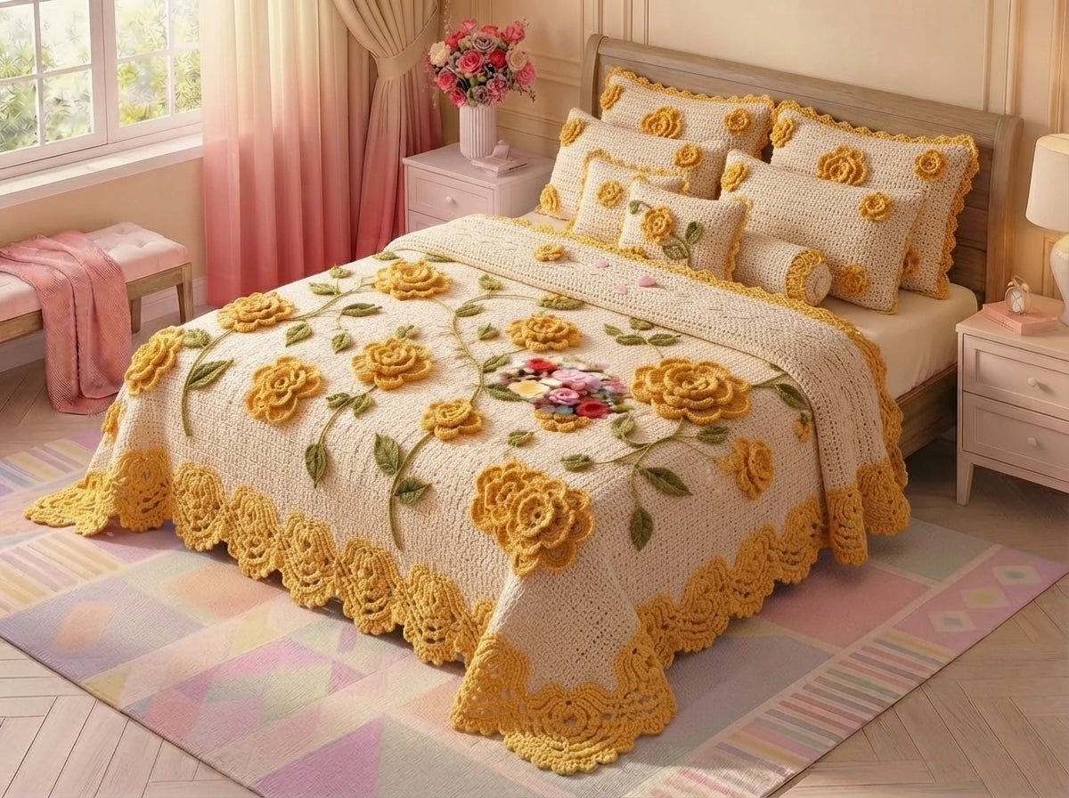 Yellow Rose Printed Crochet Paradise Bedsheet Set - (Mustard)