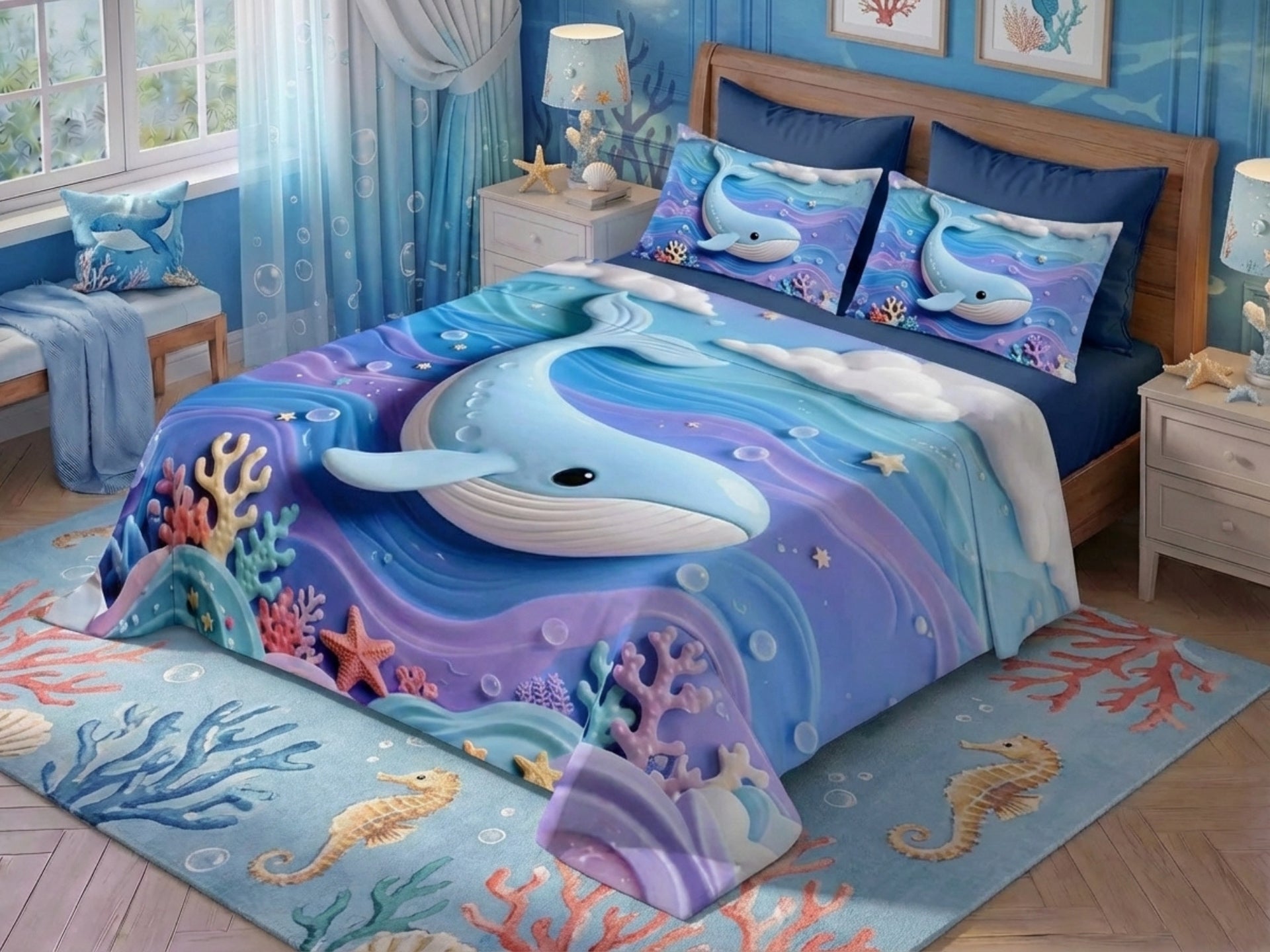Fairy Tale Blue Whale 7D Bedsheet Set - (Blue)