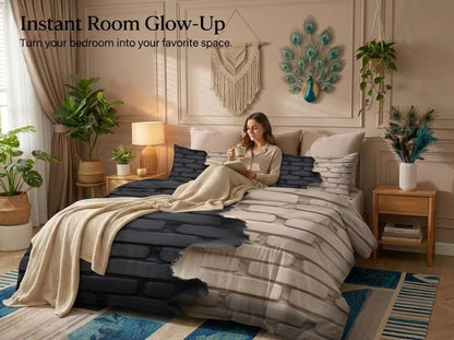 Urban Brickscape 7D Bedsheet Set - (Black & Beige)