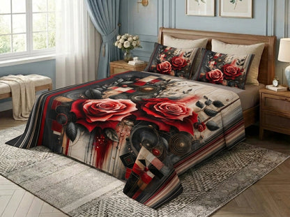 Crimson Rose Fusion 7D Bedsheet Set - (Black & Red)