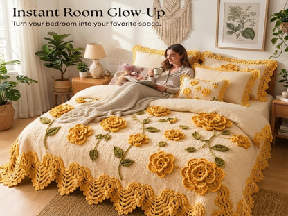 Yellow Rose Printed Crochet Paradise Bedsheet Set - (Mustard)