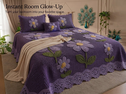 Violet Printed Crochet Paradise Bedsheet Set - (Violet)