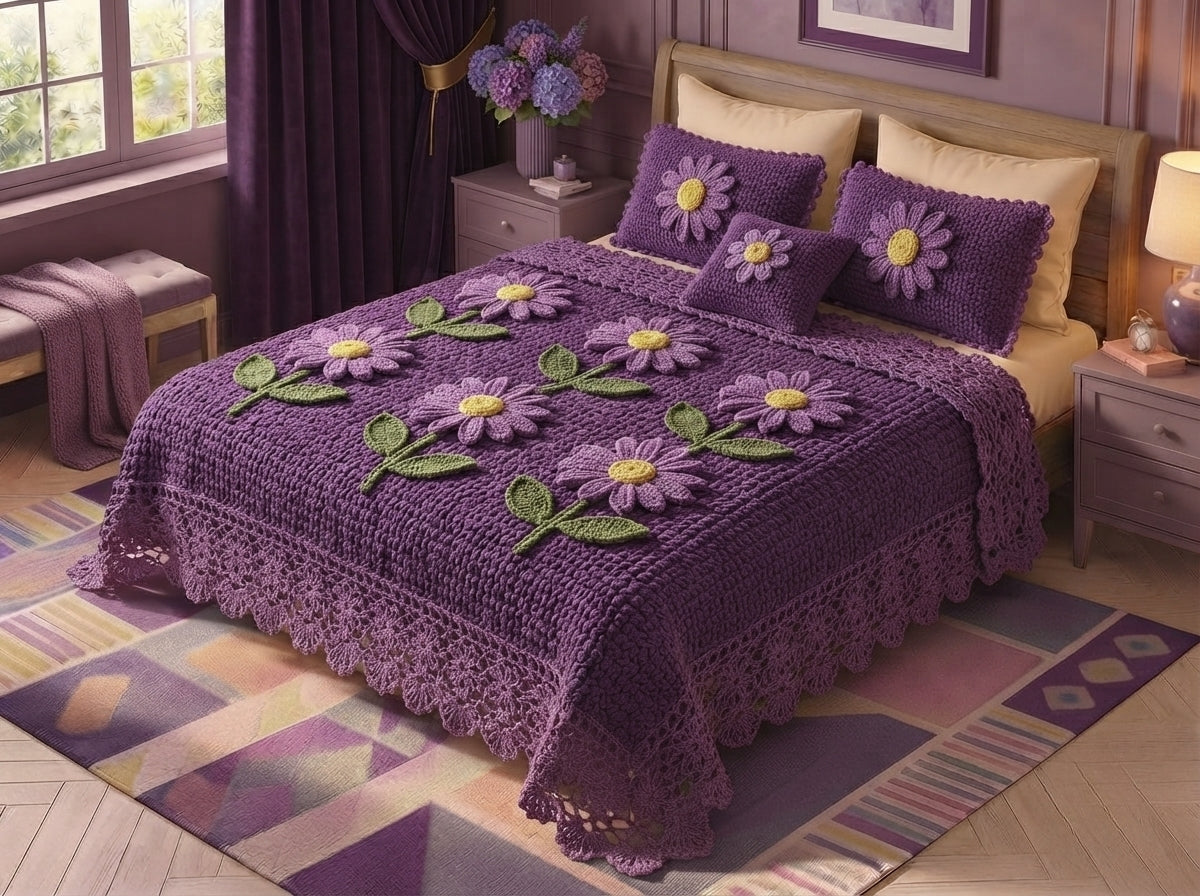 Violet Printed Crochet Paradise Bedsheet Set - (Violet)