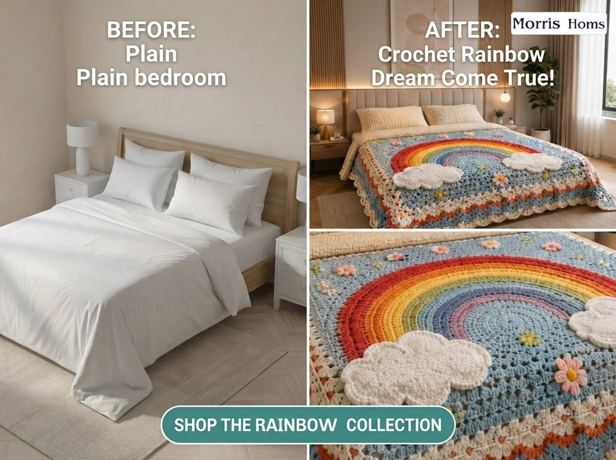 Rainbow Cloud Printed Crochet Paradise Bedsheet Set - (Sky Blue)