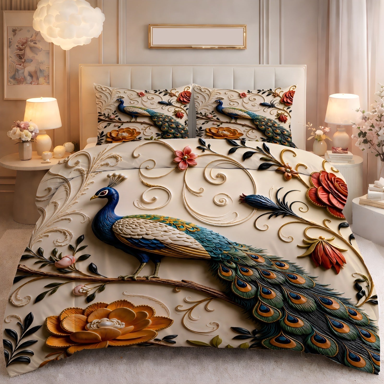 Fairy Tale Peacock 7D Bedsheet Set – (pearl ivory)