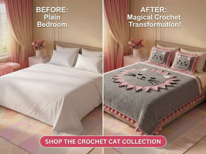 Pink Kitty Printed Crochet Paradise Bedsheet Set - (Grey & Pink)