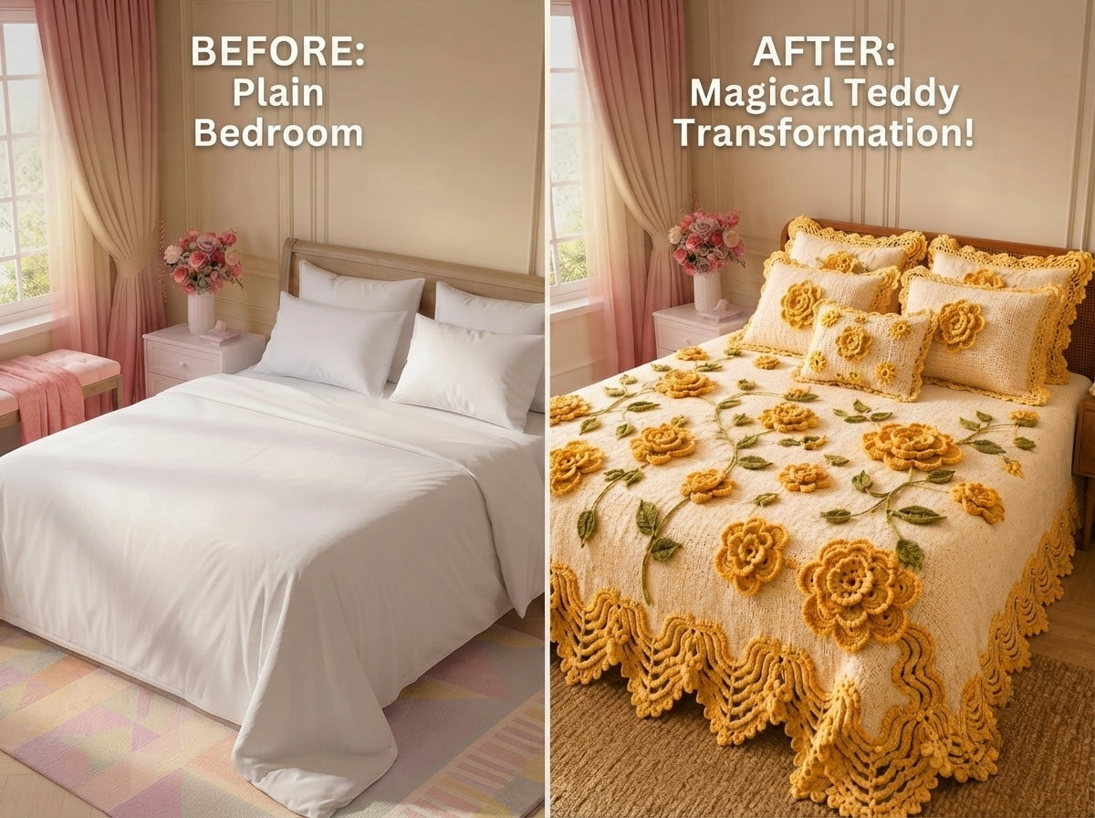 Yellow Rose Printed Crochet Paradise Bedsheet Set - (Mustard)