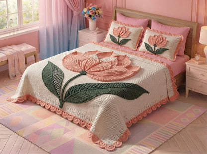 Blush Tulip Printed Crochet Paradise Bedsheet Set - (Pink & White)